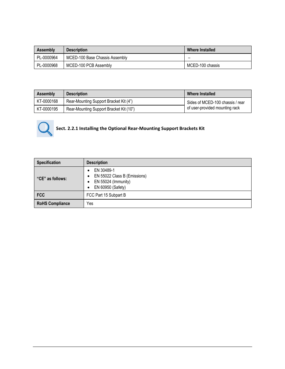 2 standard assemblies, 3 optional assemblies, 4 regulatory compliance | Comtech EF Data MCED-100 User Manual | Page 29 / 96