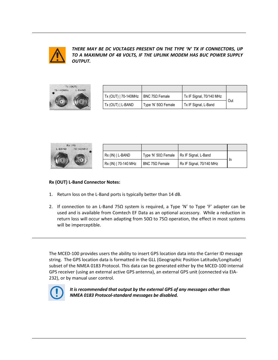 3 if connections, 1 tx (out) connectors, 2 rx (in) connectors | 4 gps input connections | Comtech EF Data MCED-100 User Manual | Page 41 / 96