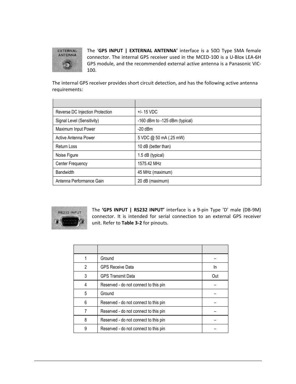 1 gps input | external antenna connector, type sma, Gps input | rs232 input connector, db-9m | Comtech EF Data MCED-100 User Manual | Page 42 / 96