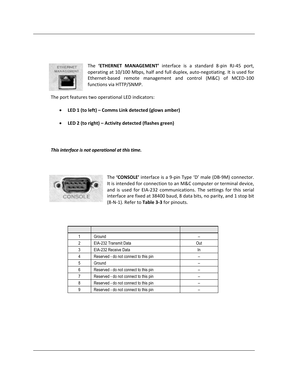 5 utility connections, 1 ethernet management port, rj-45, 2 redundancy connector, db-9f (future) | 3 console interface connector, db-9m | Comtech EF Data MCED-100 User Manual | Page 43 / 96