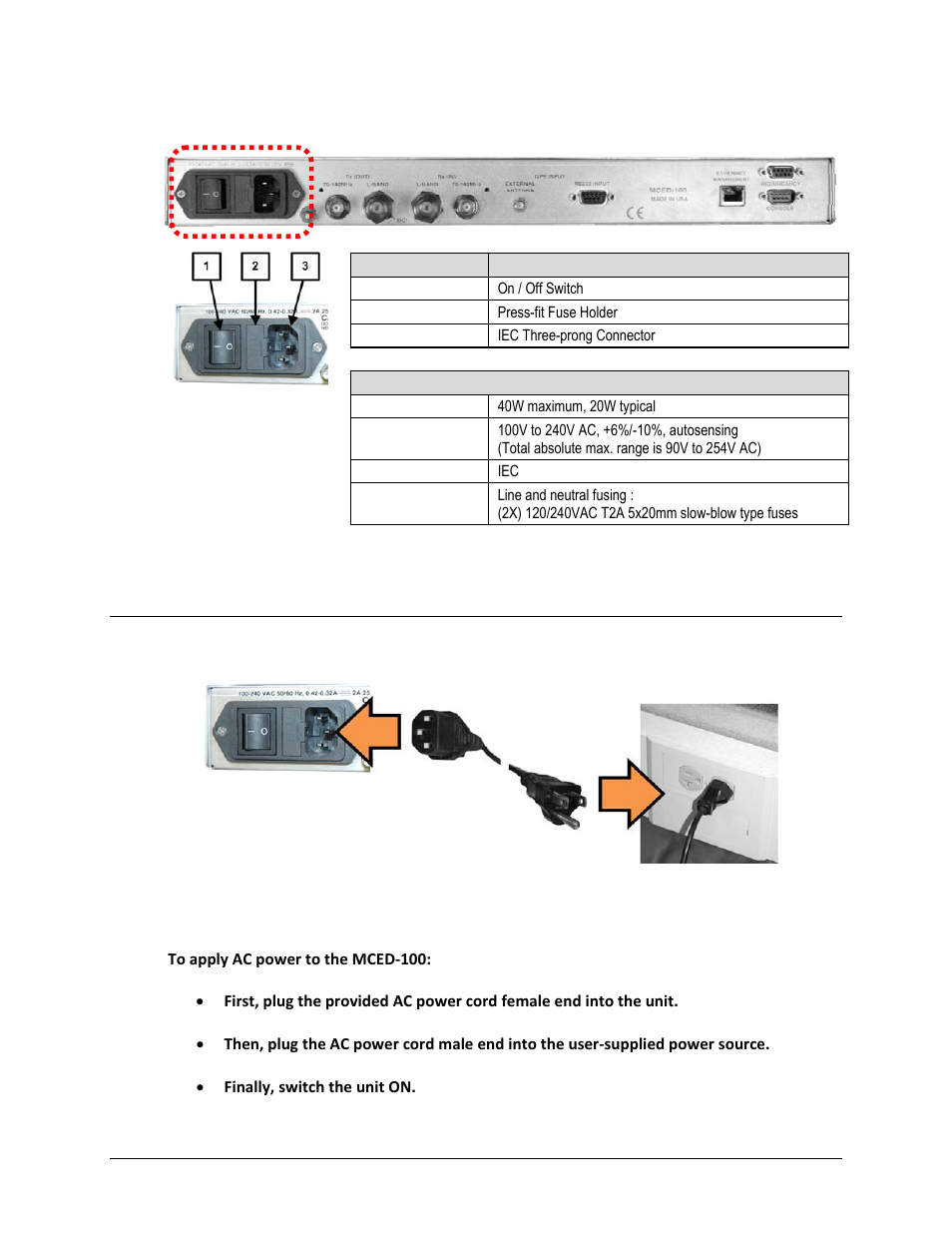 1 ac operation (standard) – applying power | Comtech EF Data MCED-100 User Manual | Page 45 / 96