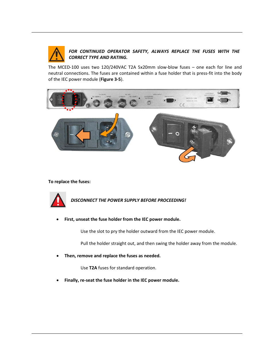 2 ac operation (standard) – replacing fuses | Comtech EF Data MCED-100 User Manual | Page 46 / 96
