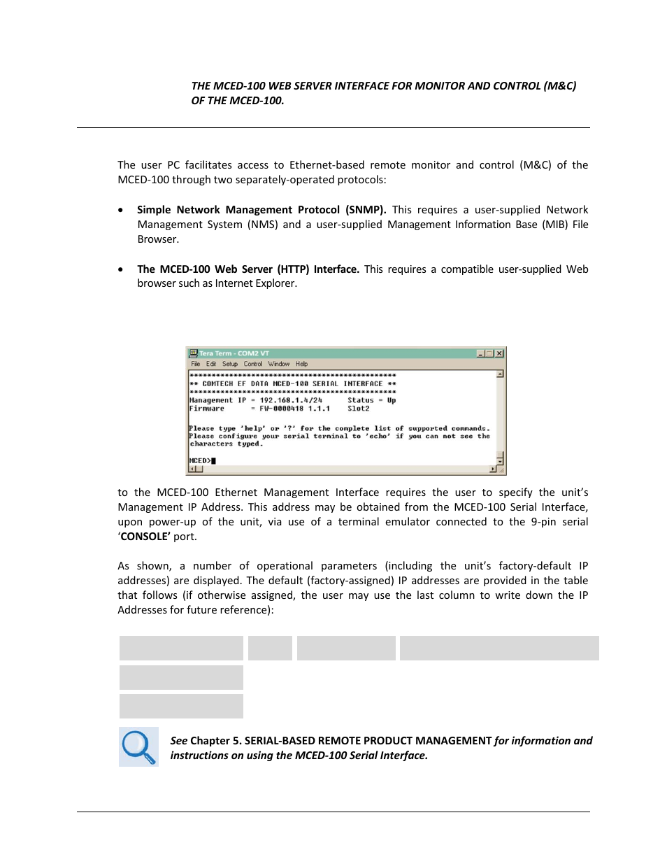 2 ethernet management interface protocols, 1 ethernet management interface access | Comtech EF Data MCED-100 User Manual | Page 68 / 96