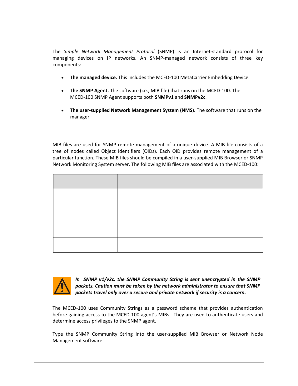3 snmp interface, 1 management information base (mib) files, 2 snmp community strings | Comtech EF Data MCED-100 User Manual | Page 69 / 96