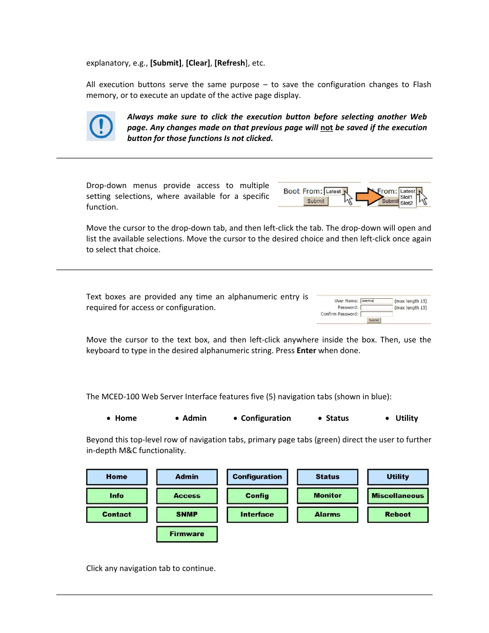 Feature selection, Text or data entry, 3 web server interface – menu tree | Comtech EF Data MCED-100 User Manual | Page 72 / 96