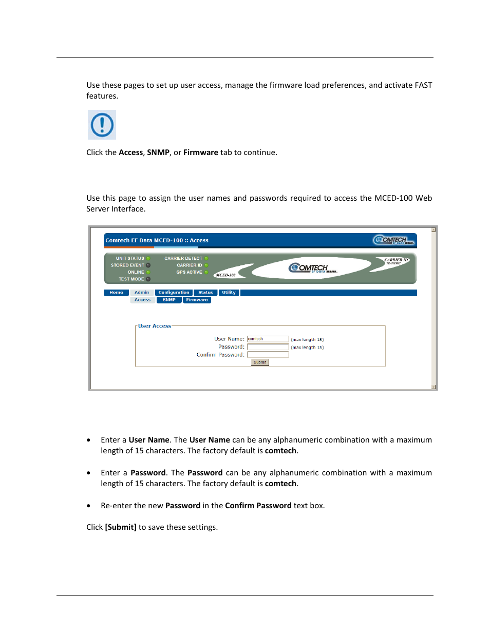 1 admin | access | Comtech EF Data MCED-100 User Manual | Page 75 / 96