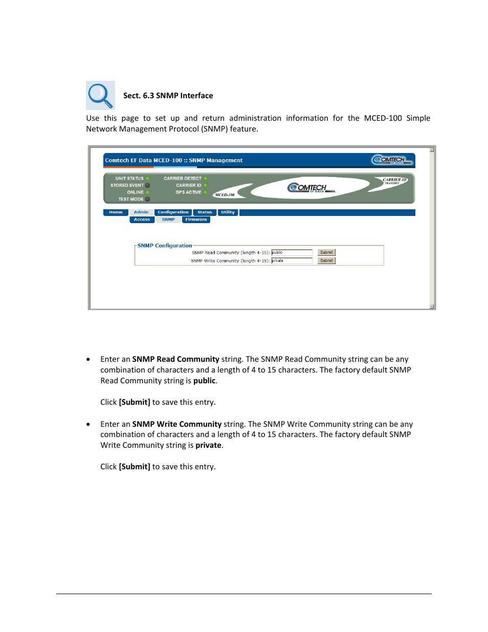 2 admin | snmp | Comtech EF Data MCED-100 User Manual | Page 76 / 96