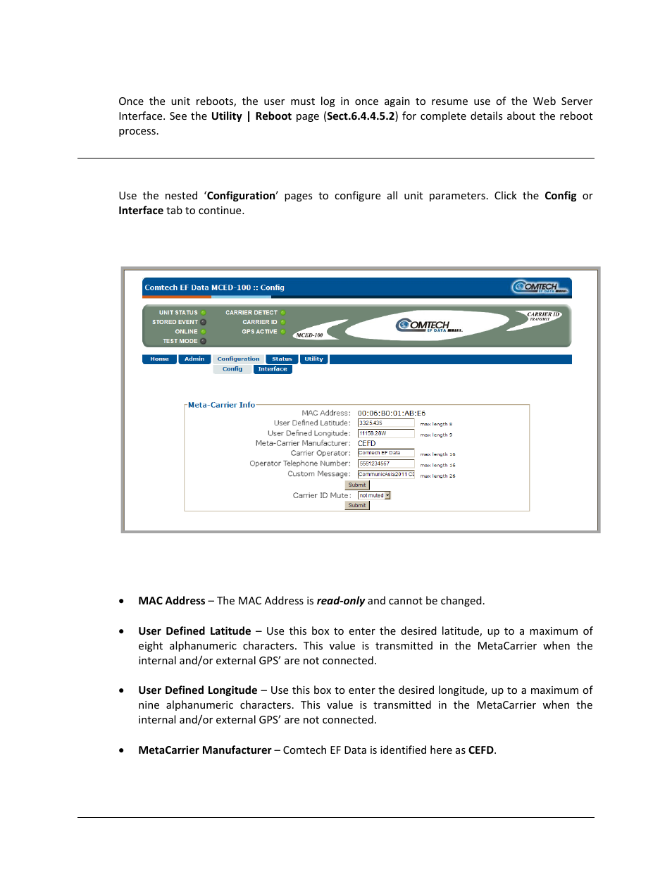 1 configuration | config | Comtech EF Data MCED-100 User Manual | Page 78 / 96
