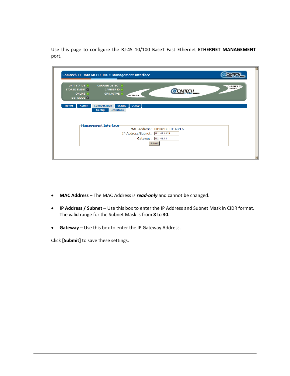 2 configuration | interface | Comtech EF Data MCED-100 User Manual | Page 80 / 96