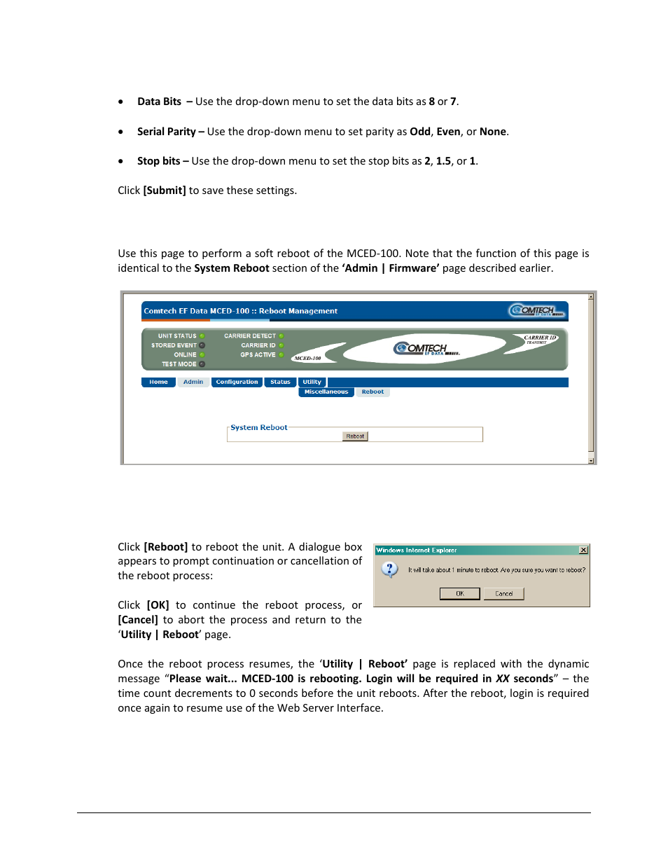 2 utility | reboot | Comtech EF Data MCED-100 User Manual | Page 86 / 96