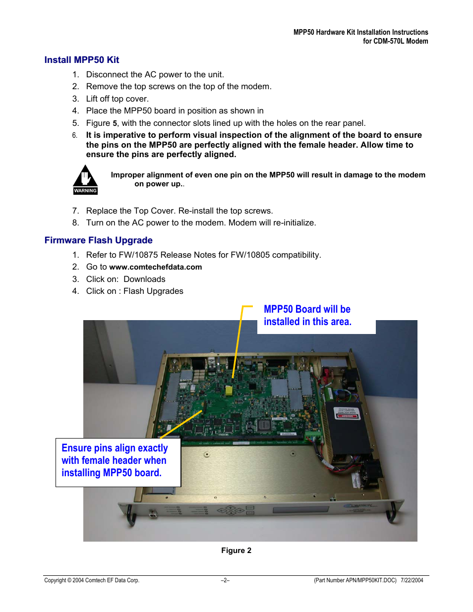 Install mpp50 kit, Firmware flash upgrade | Comtech EF Data MPP50 Hardware Kit for CDM-570L User Manual | Page 2 / 4