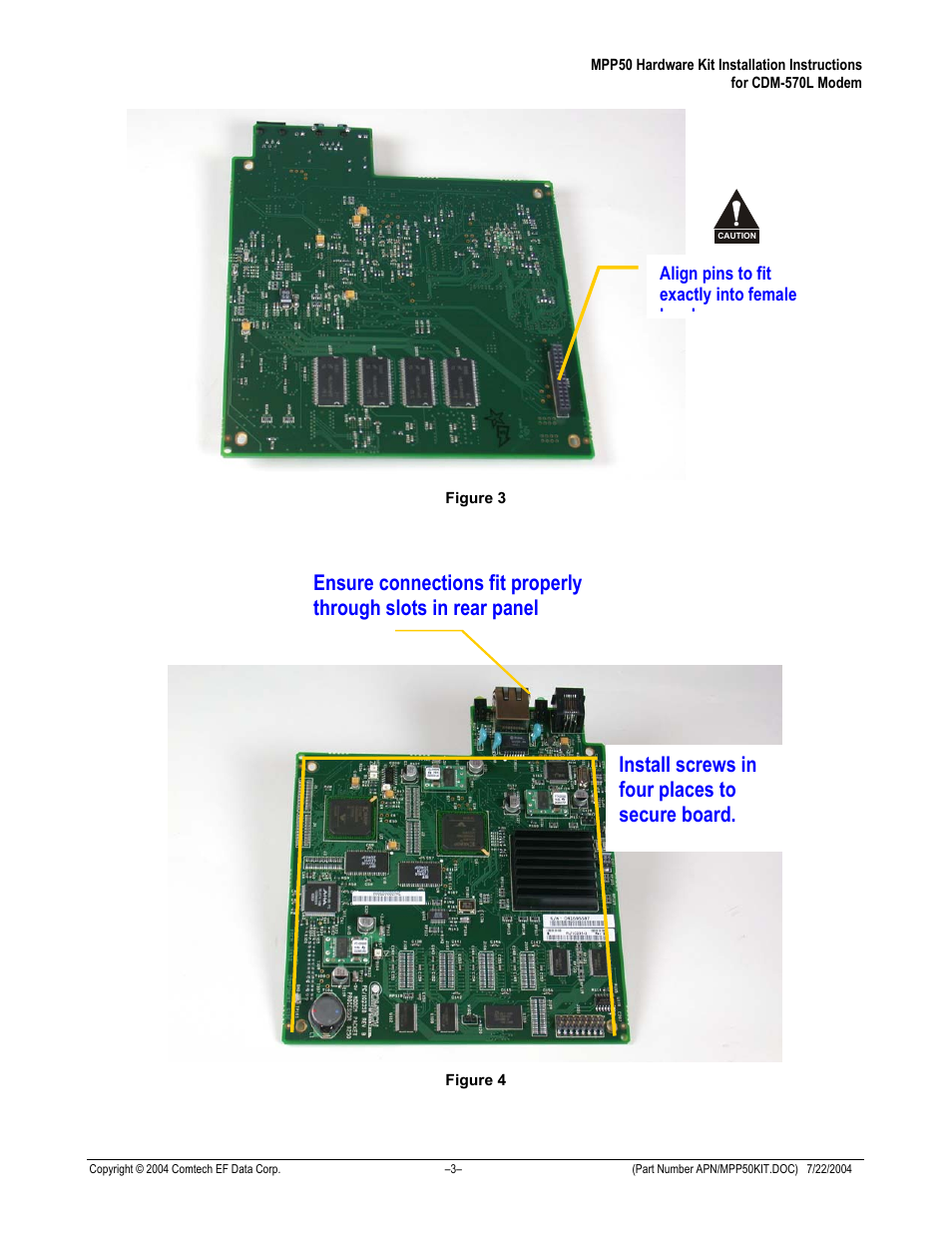 Install screws in four places to secure board | Comtech EF Data MPP50 Hardware Kit for CDM-570L User Manual | Page 3 / 4