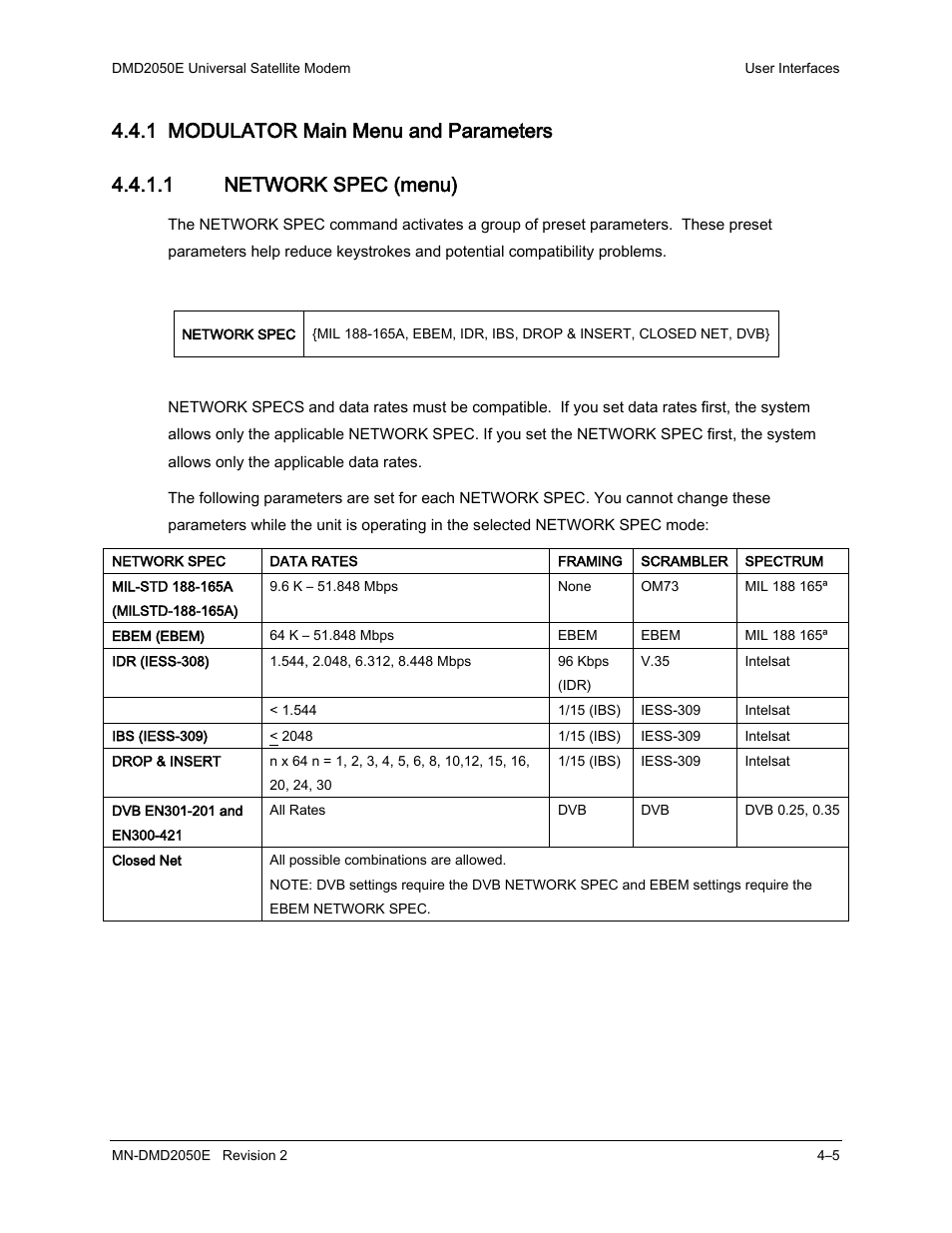 1 modulator main menu and parameters | Comtech EF Data DMD-2050E User Manual | Page 117 / 342