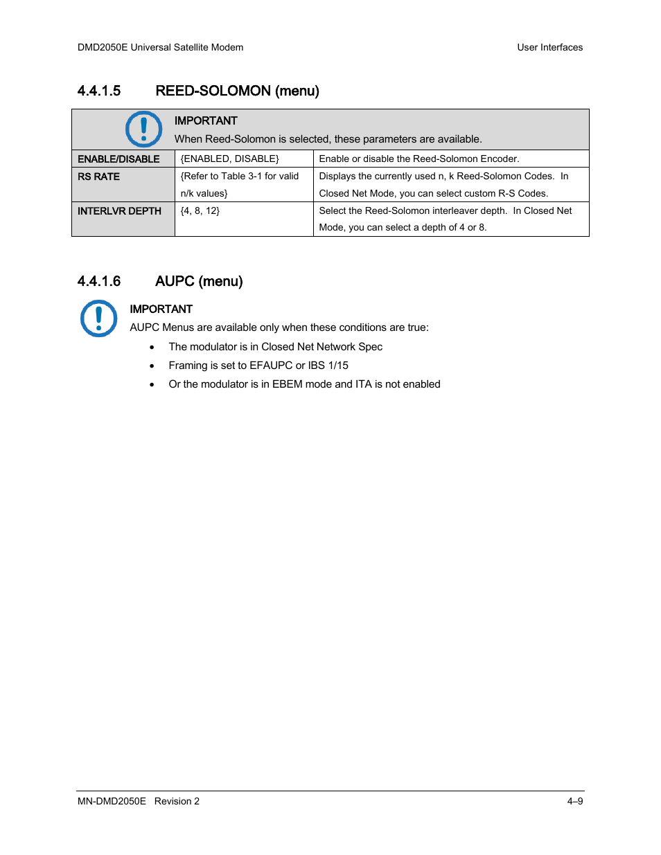 5 reed-solomon (menu), 6 aupc (menu) | Comtech EF Data DMD-2050E User Manual | Page 121 / 342