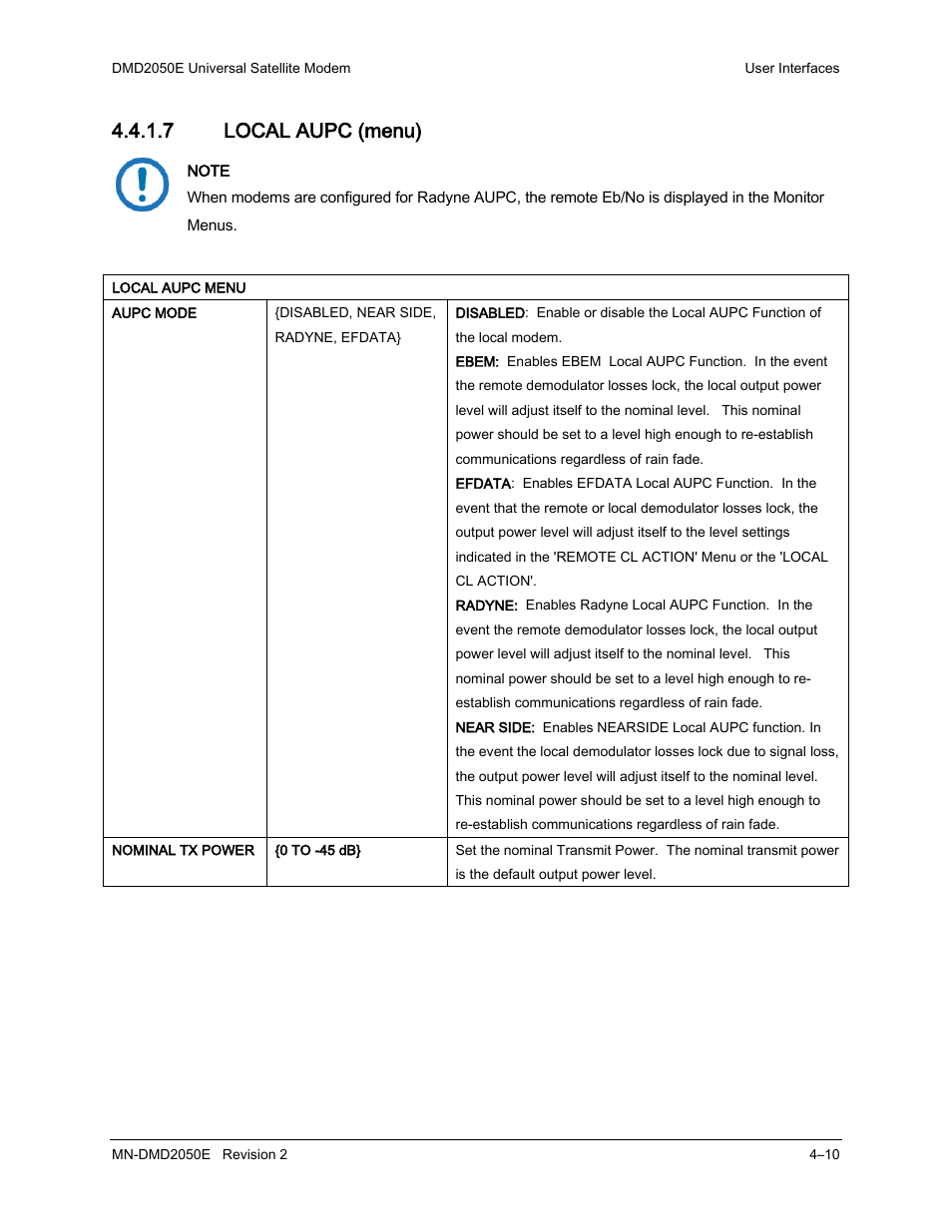 7 local aupc (menu) | Comtech EF Data DMD-2050E User Manual | Page 122 / 342