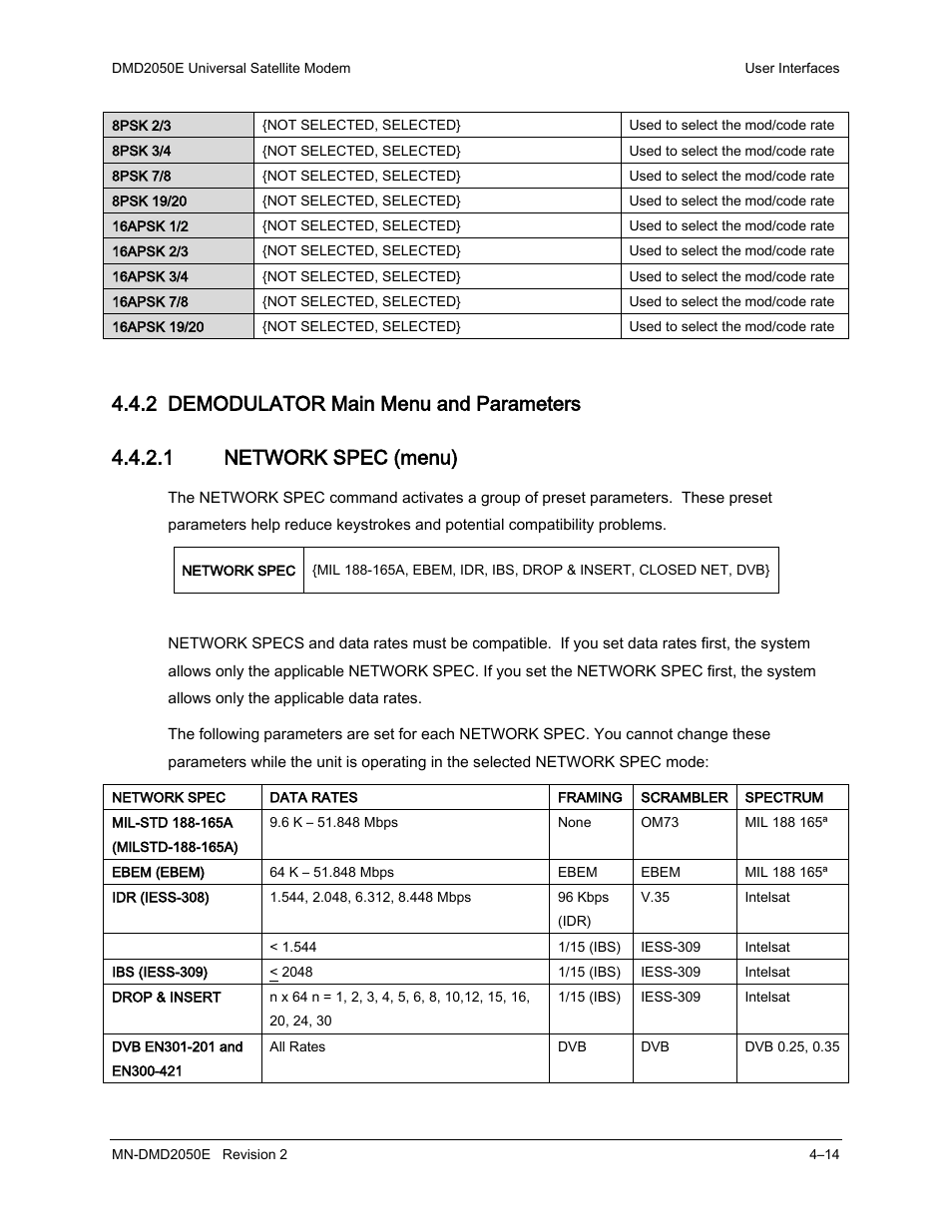 2 demodulator main menu and parameters | Comtech EF Data DMD-2050E User Manual | Page 126 / 342