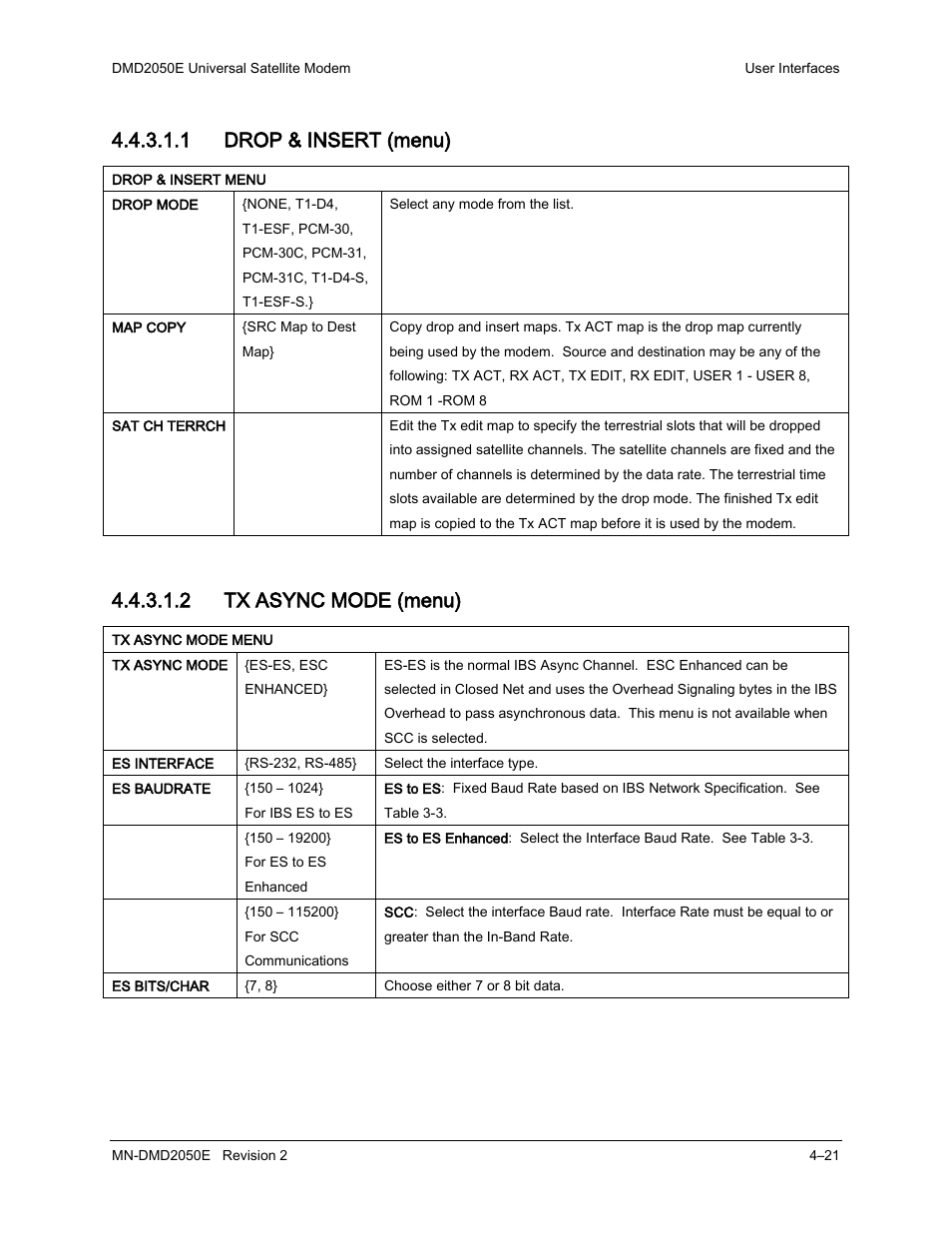 1 drop & insert (menu), 2 tx async mode (menu) | Comtech EF Data DMD-2050E User Manual | Page 133 / 342