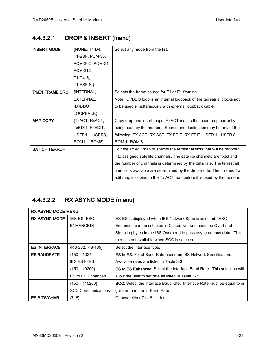 1 drop & insert (menu), 2 rx async mode (menu) | Comtech EF Data DMD-2050E User Manual | Page 135 / 342