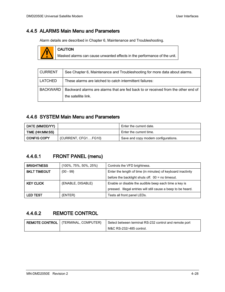 5 alarms main menu and parameters, 6 system main menu and parameters, 1 front panel (menu) | 2 remote control | Comtech EF Data DMD-2050E User Manual | Page 140 / 342