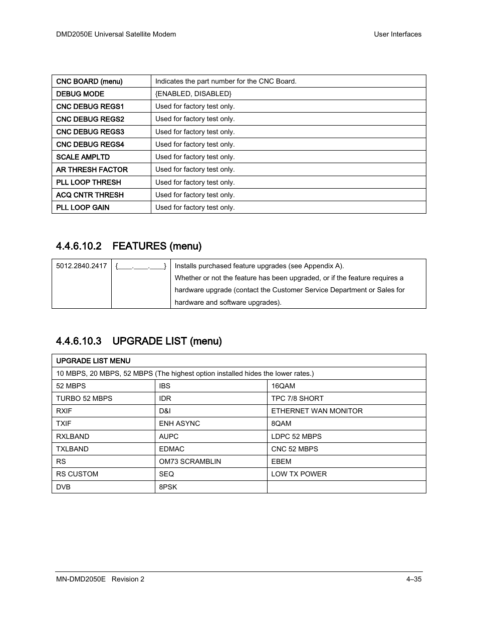 2 features (menu), 3 upgrade list (menu) | Comtech EF Data DMD-2050E User Manual | Page 147 / 342