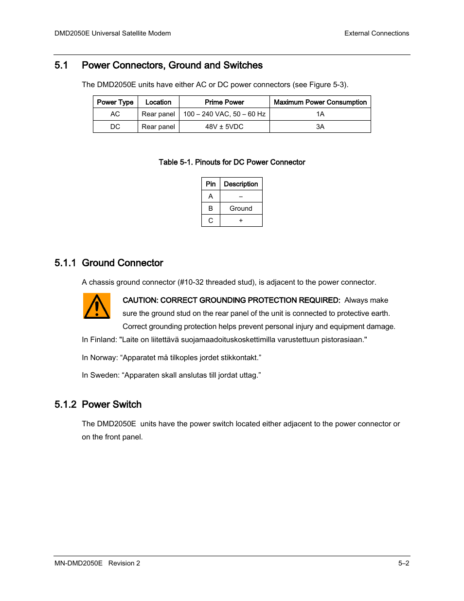 1 power connectors, ground and switches, 1 ground connector, 2 power switch | Comtech EF Data DMD-2050E User Manual | Page 154 / 342