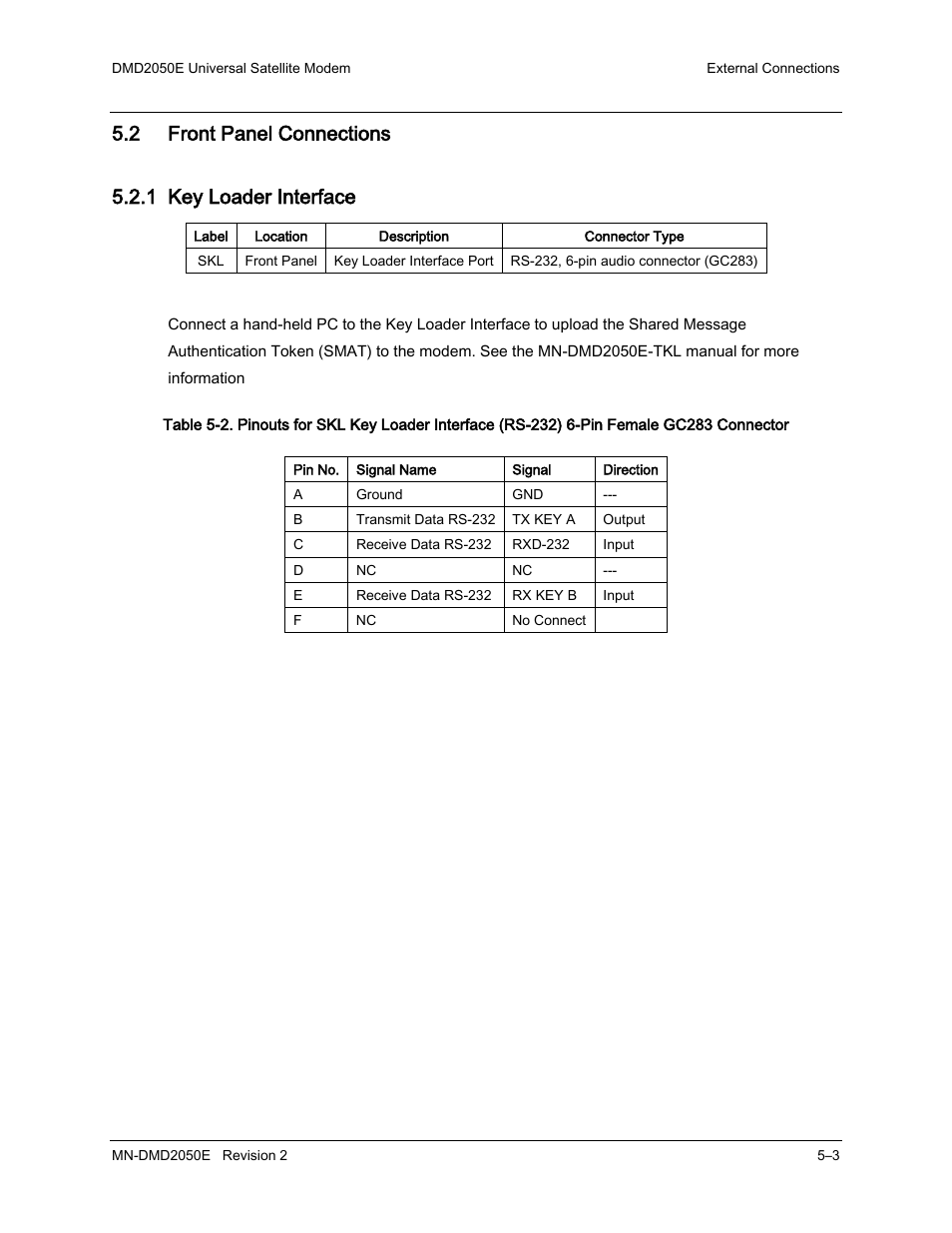 2 front panel connections, 1 key loader interface | Comtech EF Data DMD-2050E User Manual | Page 155 / 342