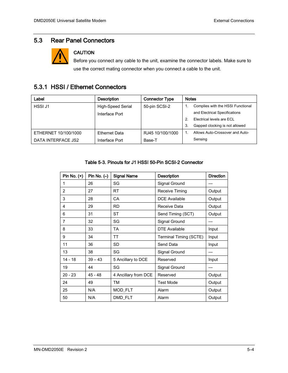 3 rear panel connectors, 1 hssi / ethernet connectors | Comtech EF Data DMD-2050E User Manual | Page 156 / 342