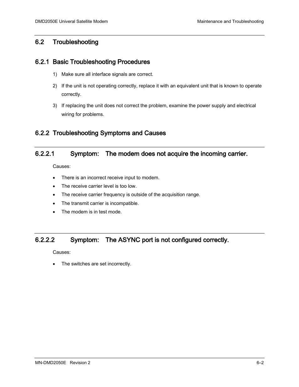 2 troubleshooting, 1 basic troubleshooting procedures, 2 troubleshooting symptoms and causes | Comtech EF Data DMD-2050E User Manual | Page 164 / 342