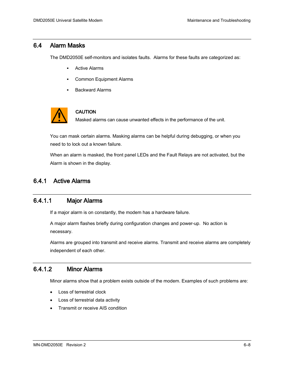 4 alarm masks, 1 active alarms, 2 minor alarms | Comtech EF Data DMD-2050E User Manual | Page 170 / 342