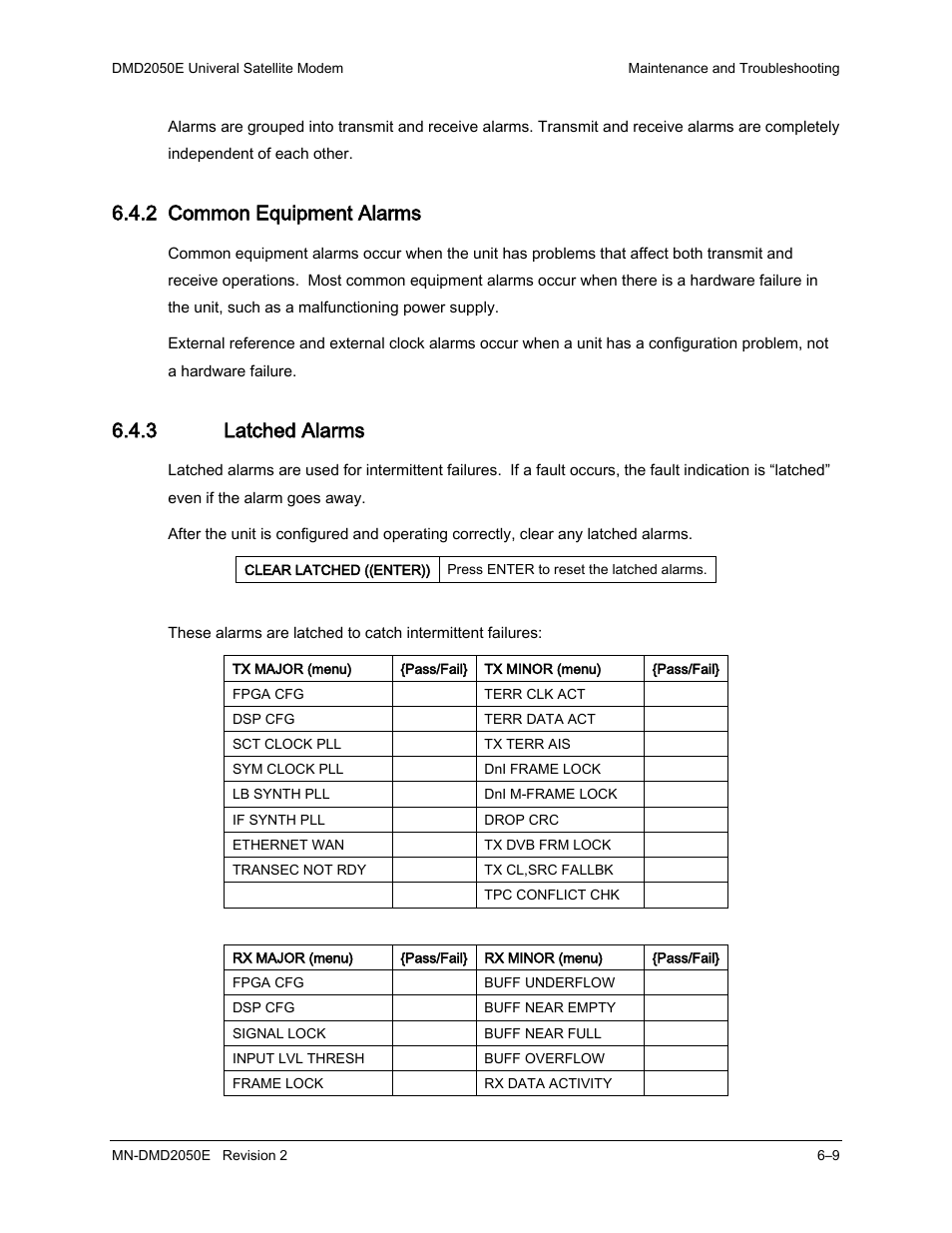 2 common equipment alarms, 3 latched alarms | Comtech EF Data DMD-2050E User Manual | Page 171 / 342