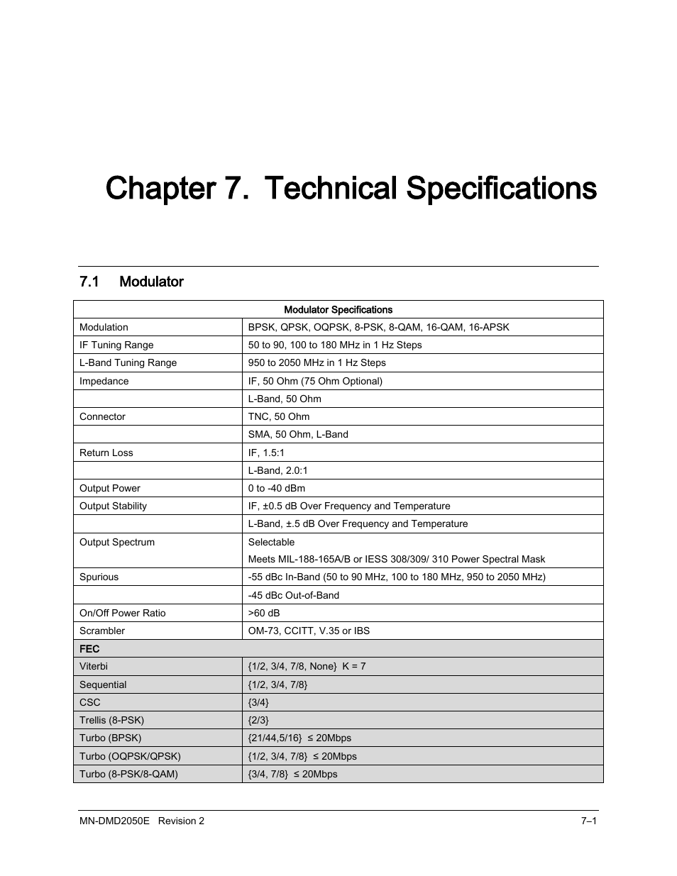 7 technical specifications, 1 modulator, Chapter 7. technical specifications | Comtech EF Data DMD-2050E User Manual | Page 175 / 342