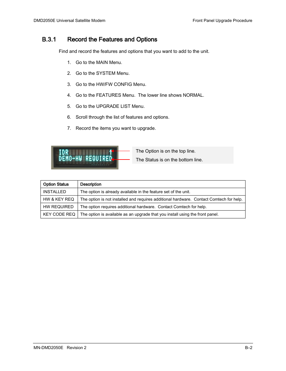 B.3.1 record the features and options | Comtech EF Data DMD-2050E User Manual | Page 212 / 342