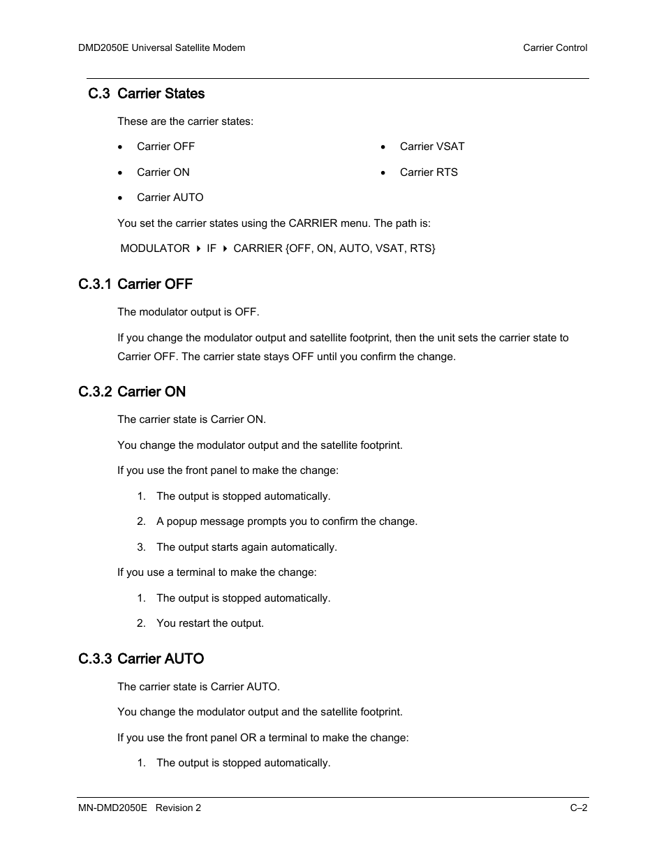 C.3 carrier states, C.3.1 carrier off, C.3.2 carrier on | C.3.3 carrier auto | Comtech EF Data DMD-2050E User Manual | Page 218 / 342