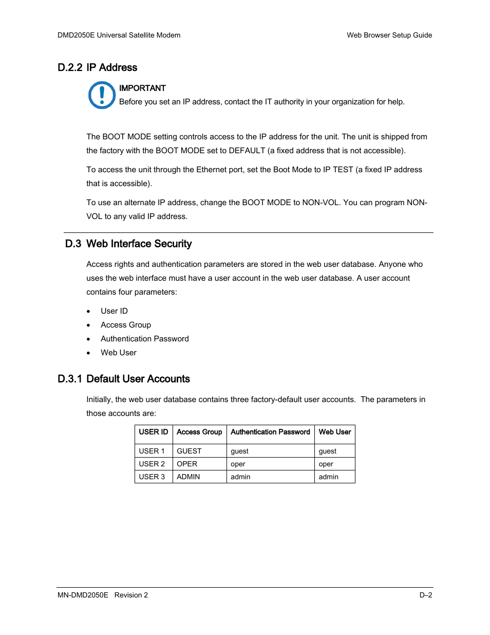 D.2.2 ip address, D.3 web interface security, D.3.1 default user accounts | Comtech EF Data DMD-2050E User Manual | Page 222 / 342