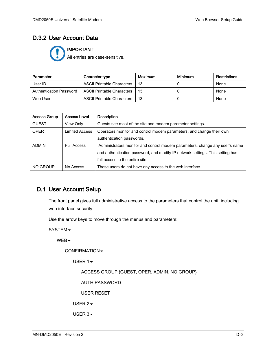 D.3.2 user account data, D.1 user account setup | Comtech EF Data DMD-2050E User Manual | Page 223 / 342