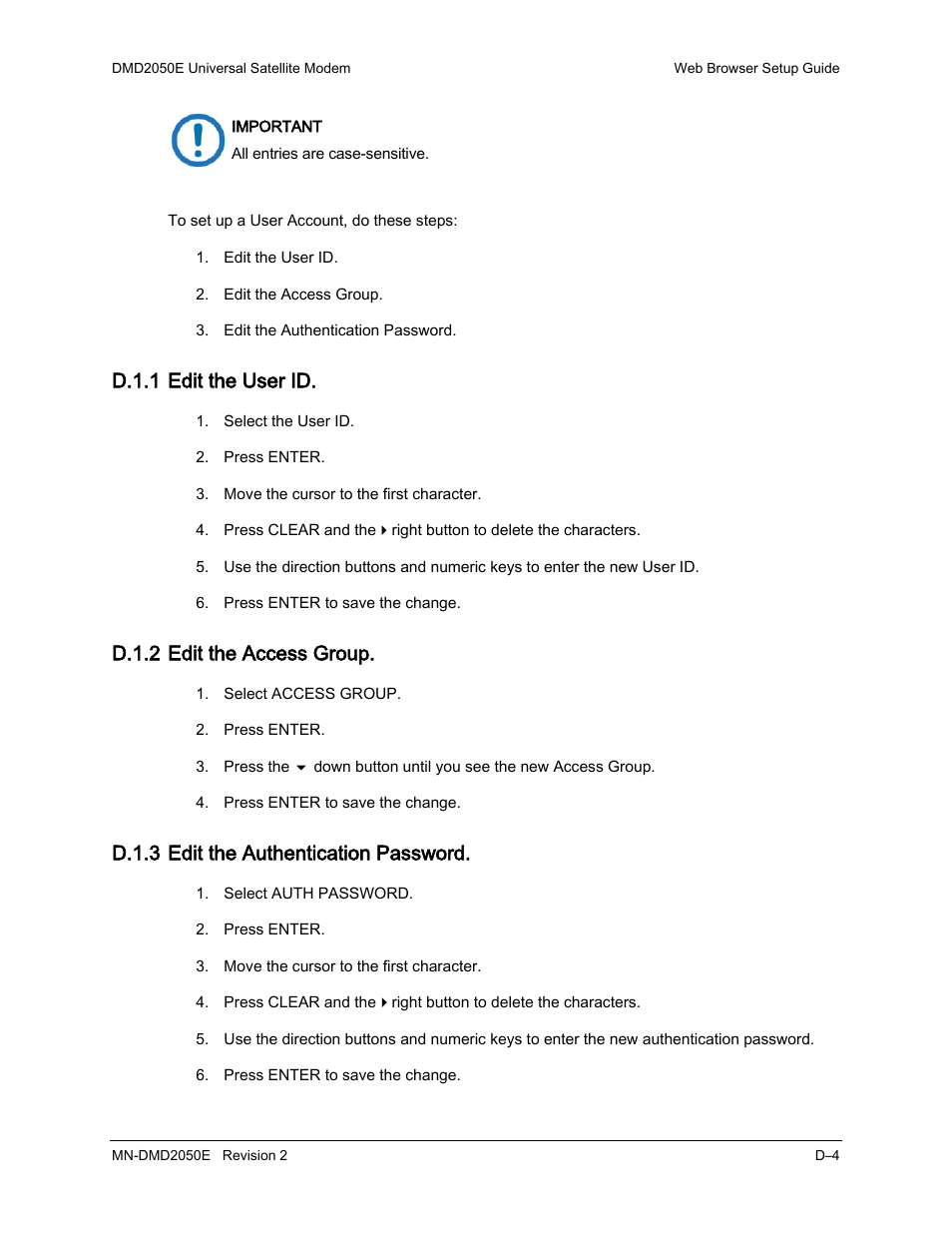 D.1.1 edit the user id, D.1.2 edit the access group, D.1.3 edit the authentication password | Comtech EF Data DMD-2050E User Manual | Page 224 / 342