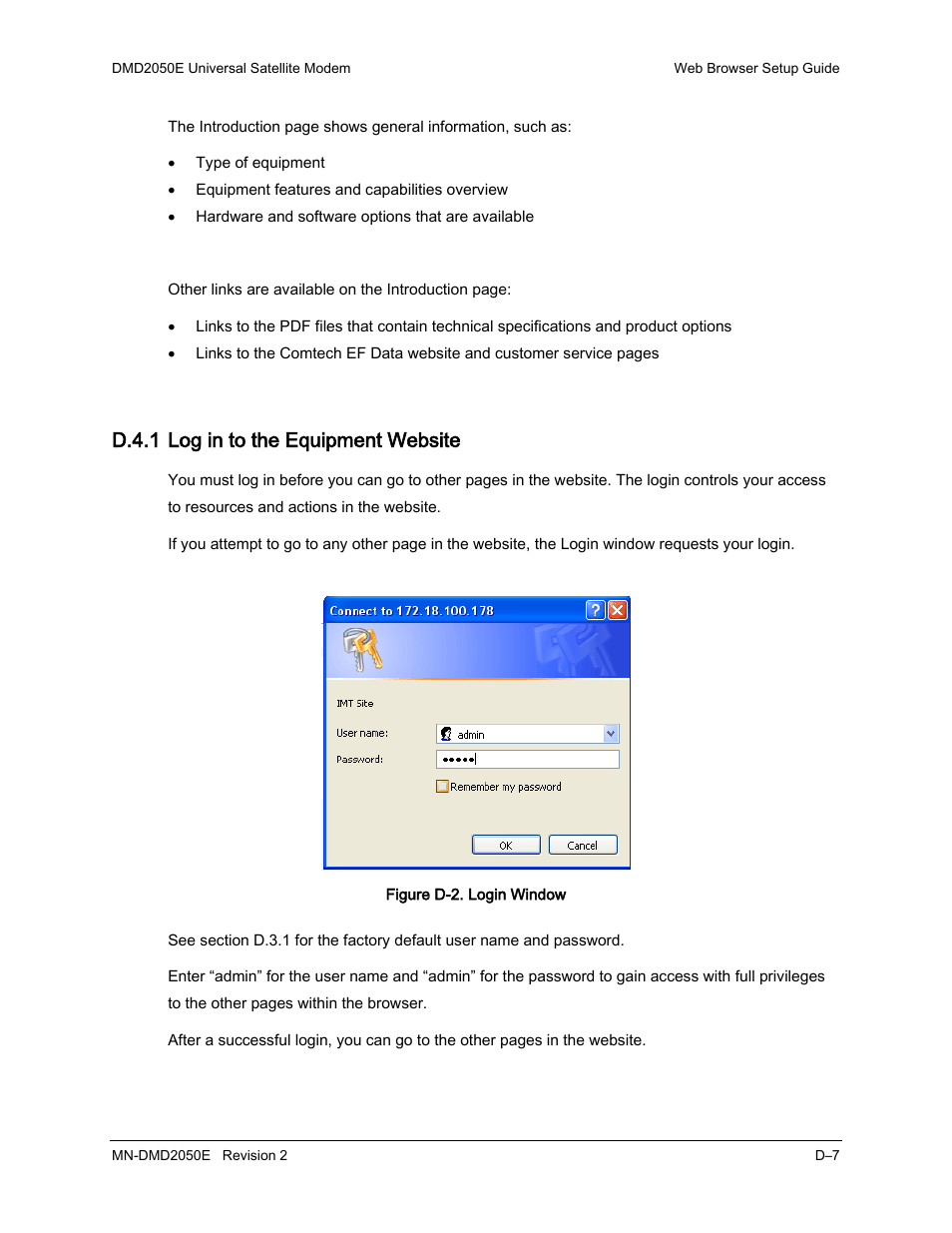 D.4.1 log in to the equipment website | Comtech EF Data DMD-2050E User Manual | Page 227 / 342