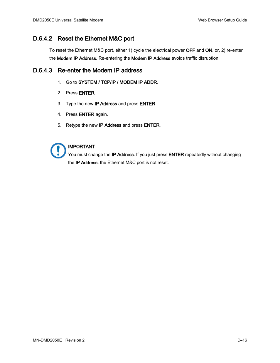 D.6.4.2 reset the ethernet m&c port, D.6.4.3 re-enter the modem ip address | Comtech EF Data DMD-2050E User Manual | Page 236 / 342