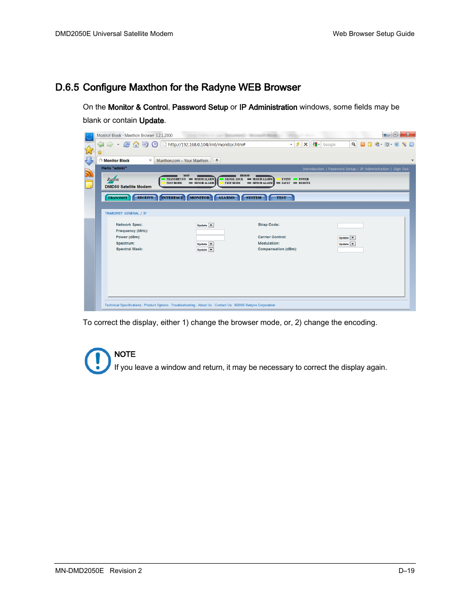 D.6.5 configure maxthon for the radyne web browser | Comtech EF Data DMD-2050E User Manual | Page 239 / 342