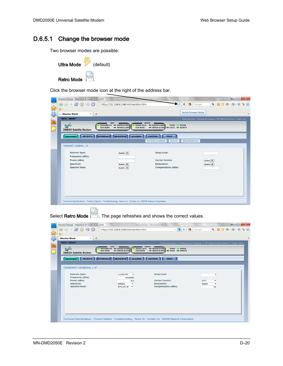 D.6.5.1 change the browser mode | Comtech EF Data DMD-2050E User Manual | Page 240 / 342