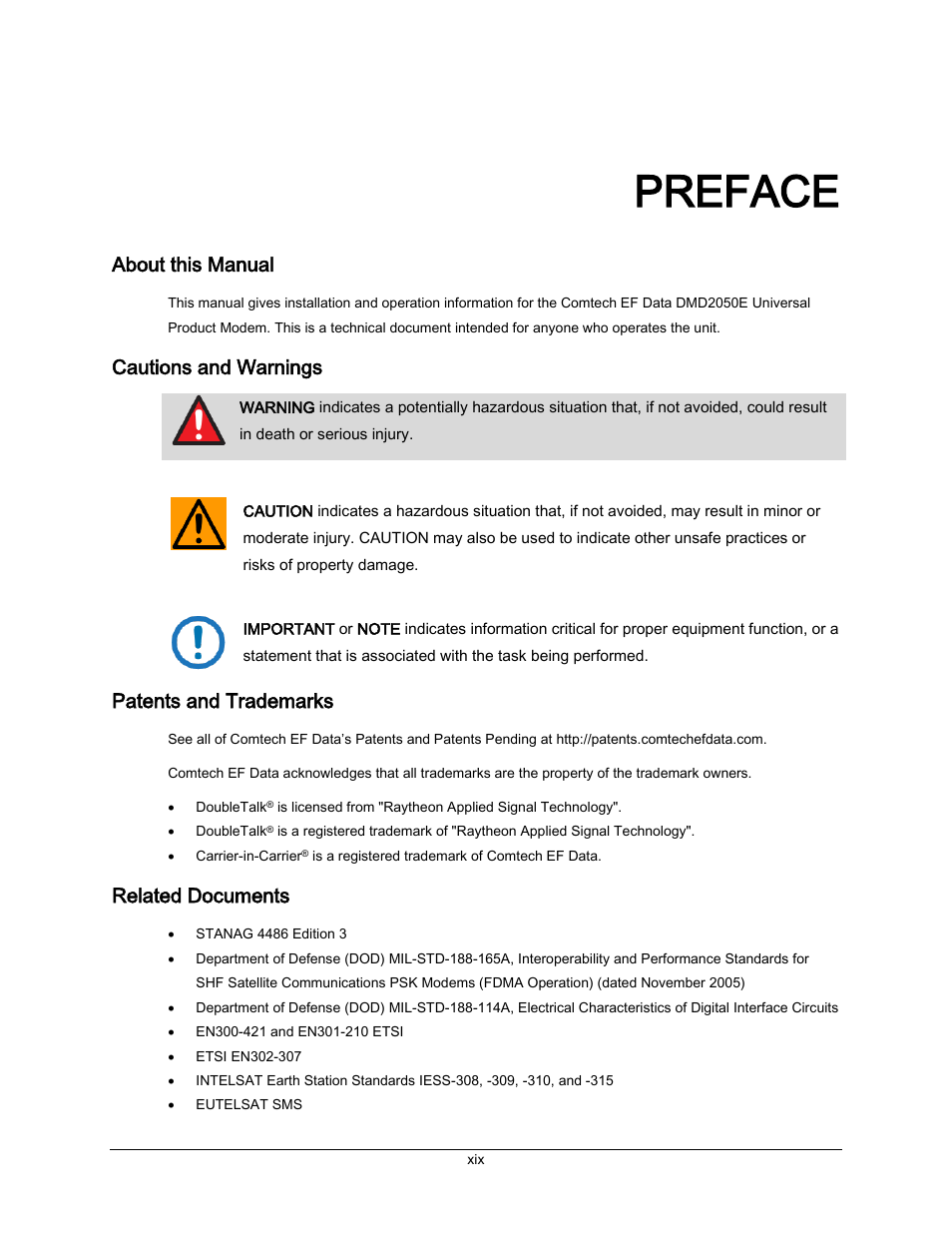 Preface, About this manual, Cautions and warnings | Patents and trademarks, Related documents | Comtech EF Data DMD-2050E User Manual | Page 25 / 342