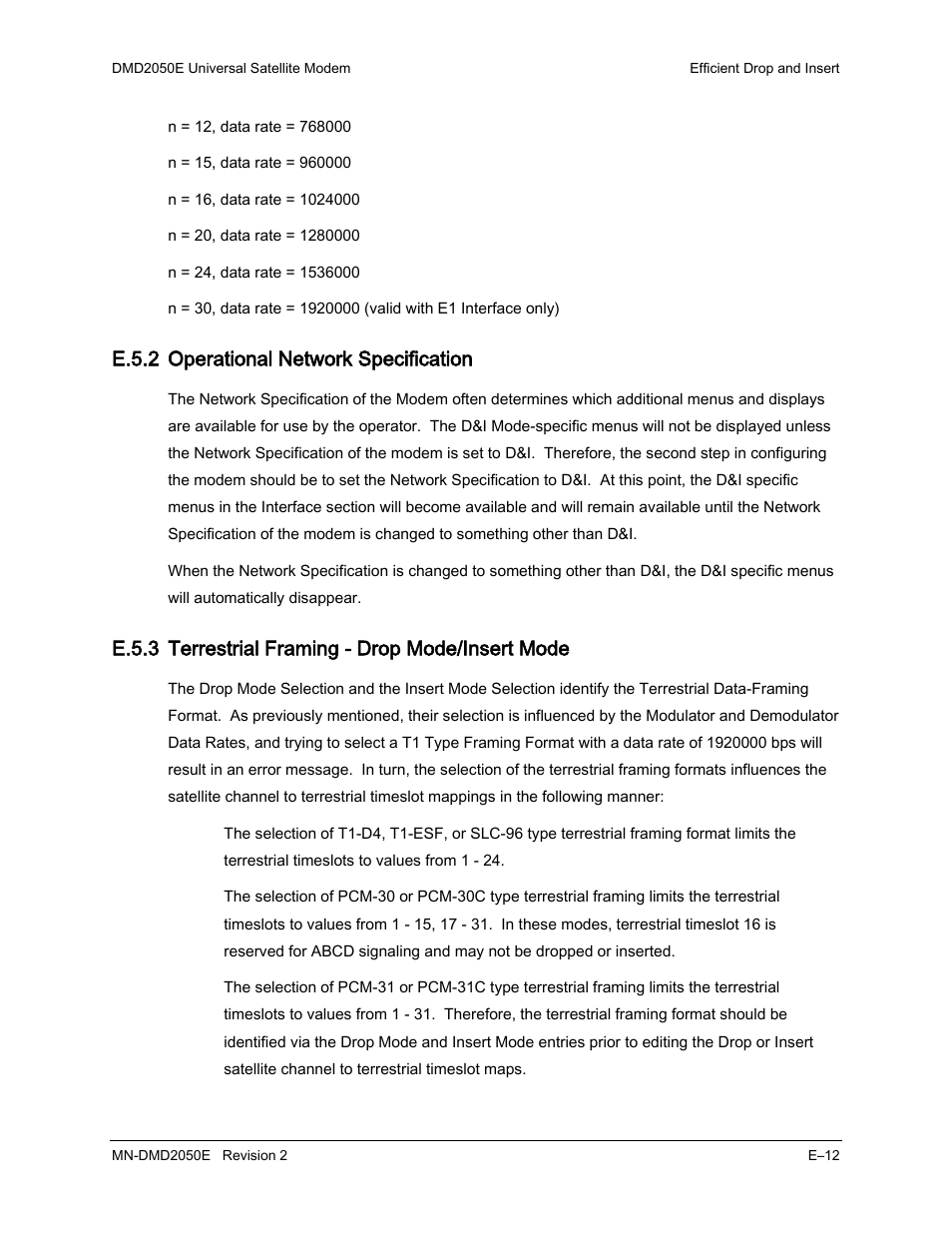 E.5.2 operational network specification, E.5.3 terrestrial framing - drop mode/insert mode | Comtech EF Data DMD-2050E User Manual | Page 254 / 342