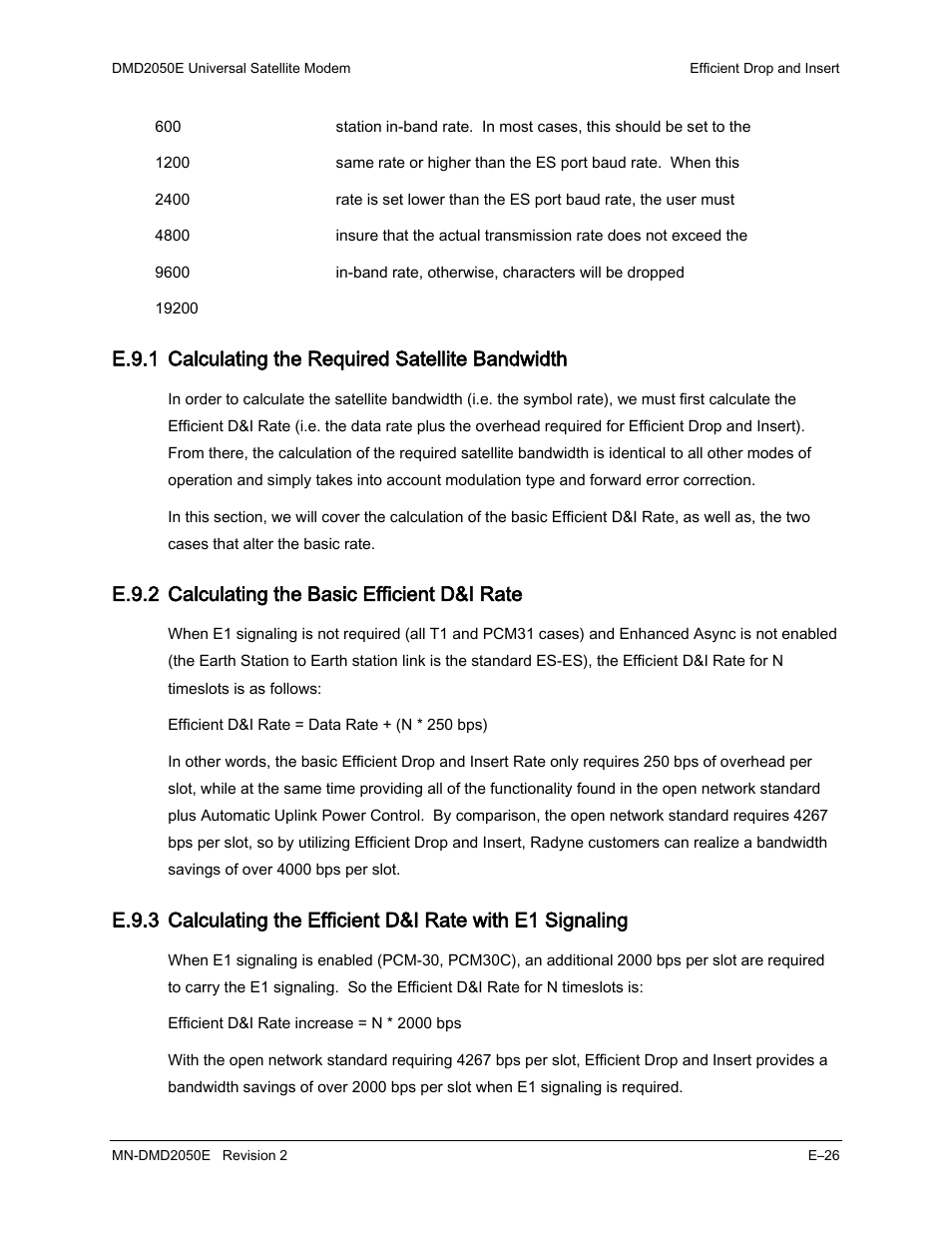 E.9.1 calculating the required satellite bandwidth, E.9.2 calculating the basic efficient d&i rate | Comtech EF Data DMD-2050E User Manual | Page 268 / 342