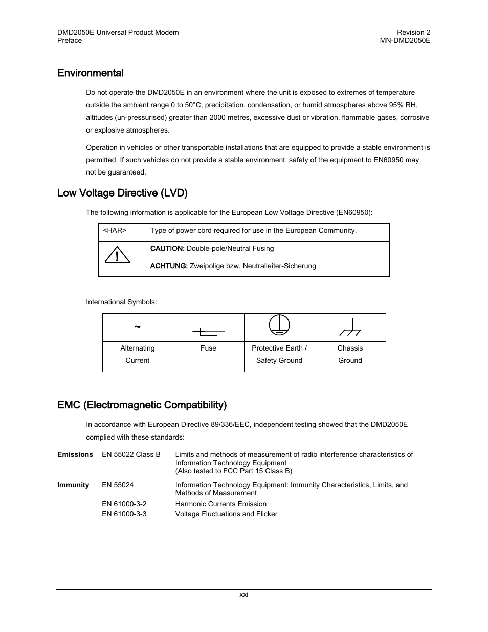 Environmental, Low voltage directive (lvd), Emc (electromagnetic compatibility) | Comtech EF Data DMD-2050E User Manual | Page 27 / 342