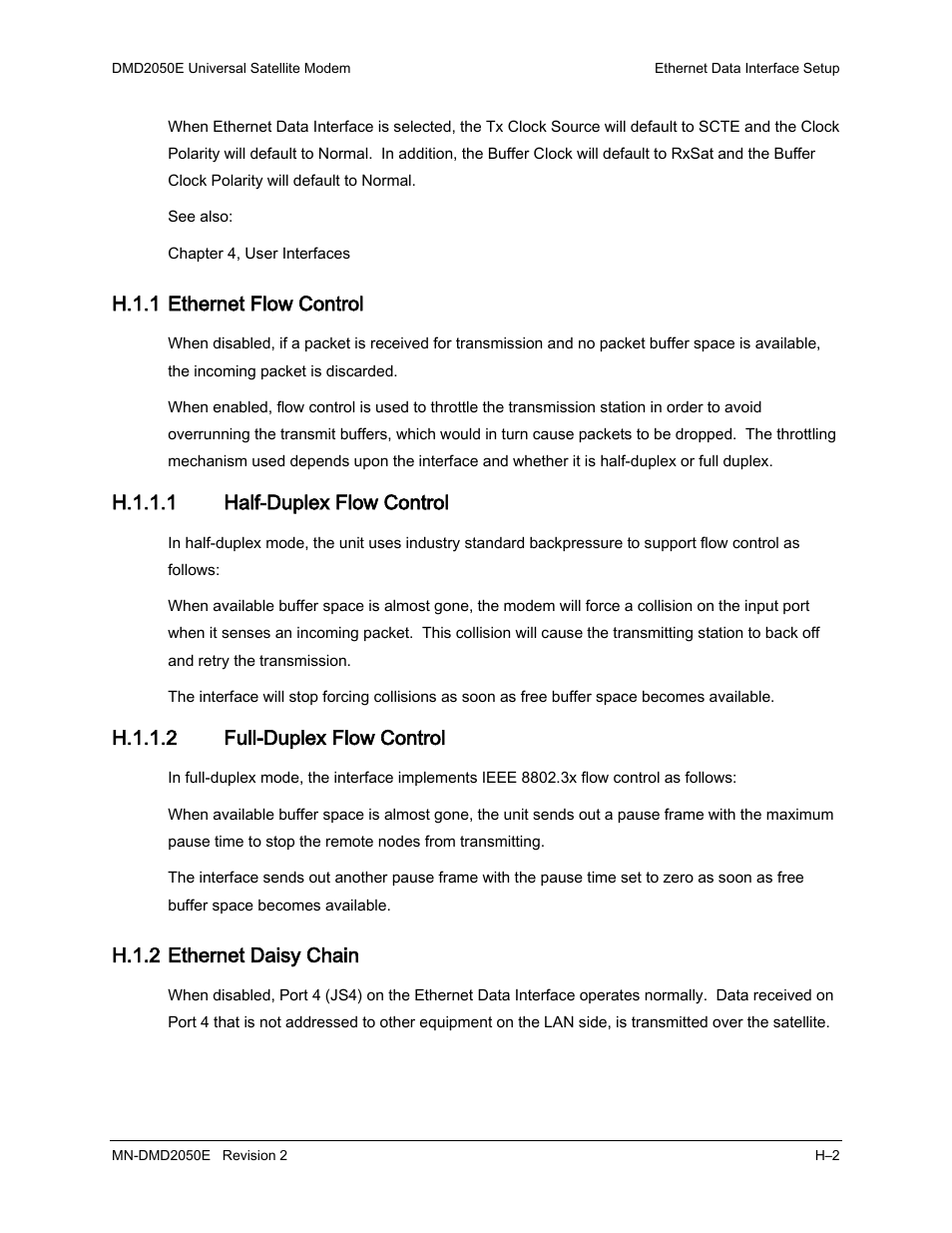 H.1.1 ethernet flow control, H.1.2 ethernet daisy chain, H.1.1.1 half-duplex flow control | H.1.1.2 full-duplex flow control | Comtech EF Data DMD-2050E User Manual | Page 284 / 342