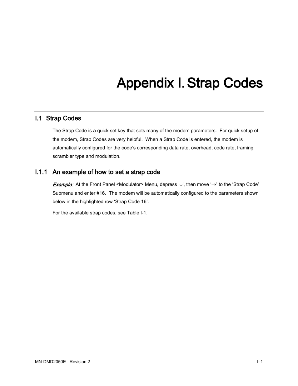 App i strap codes, I.1 strap codes, I.1.1 an example of how to set a strap code | Appendix i. strap codes | Comtech EF Data DMD-2050E User Manual | Page 289 / 342