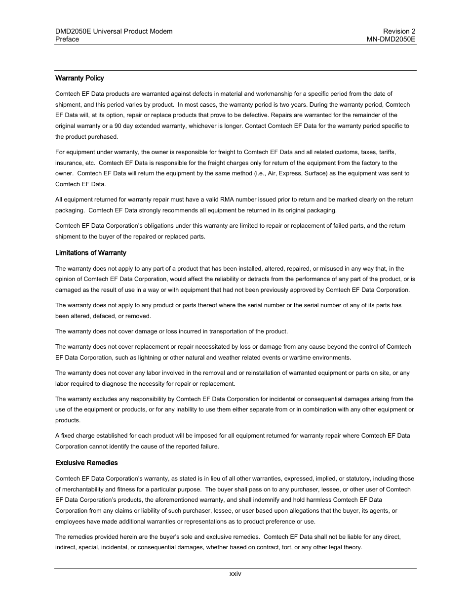 Warranty policy, Limitations of warranty, Exclusive remedies | Comtech EF Data DMD-2050E User Manual | Page 30 / 342