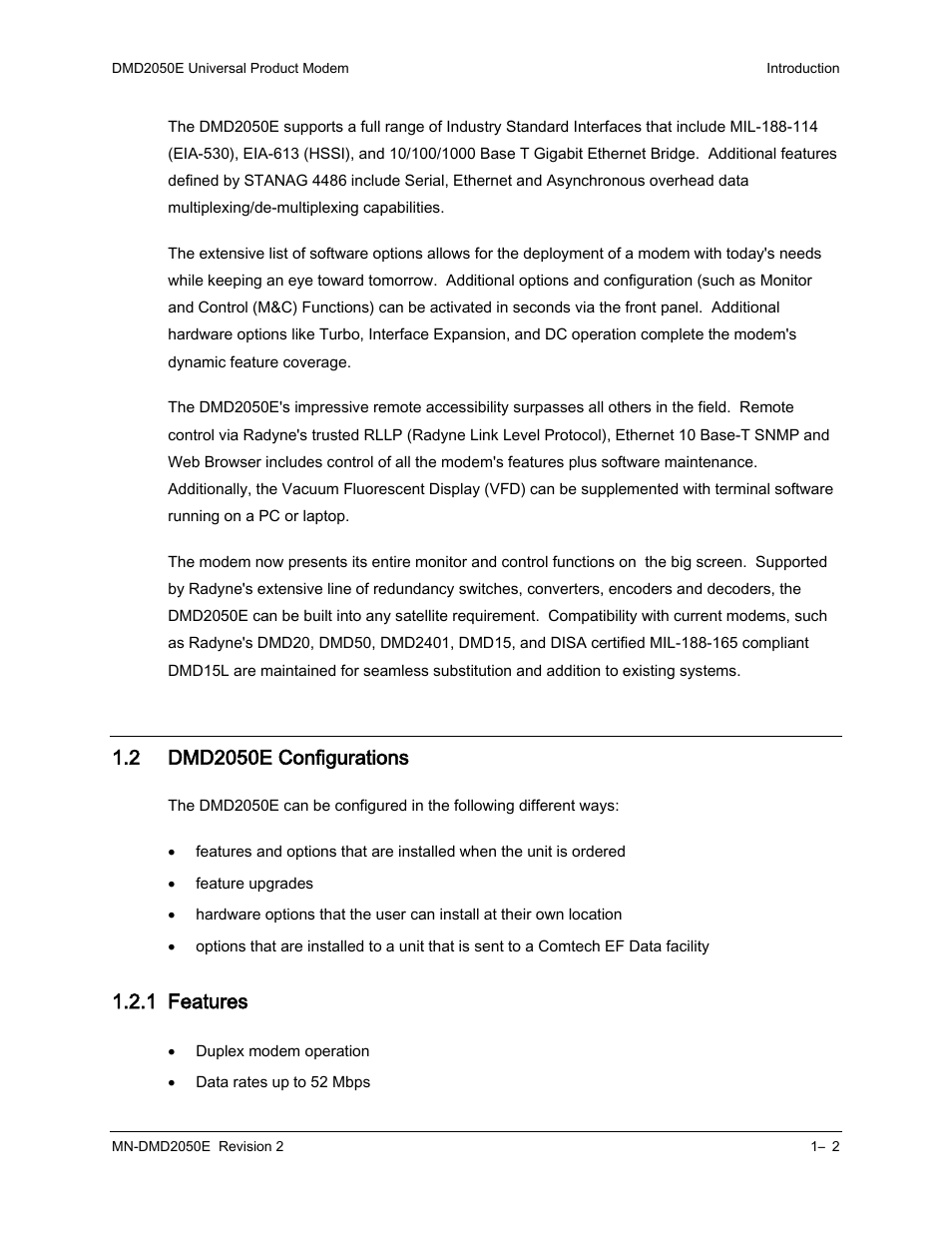 2 dmd2050e configurations, 1 features | Comtech EF Data DMD-2050E User Manual | Page 32 / 342