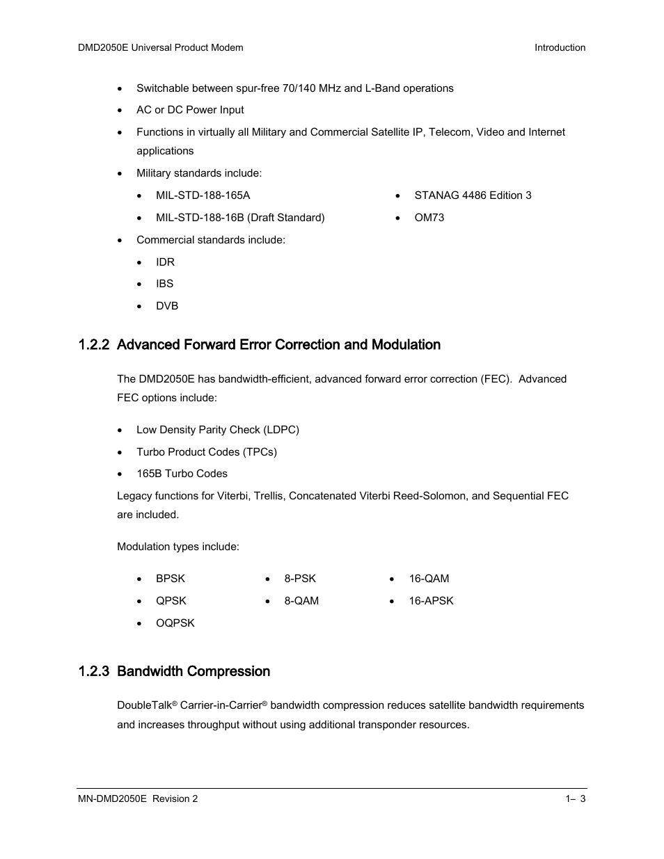 2 advanced forward error correction and modulation, 3 bandwidth compression | Comtech EF Data DMD-2050E User Manual | Page 33 / 342