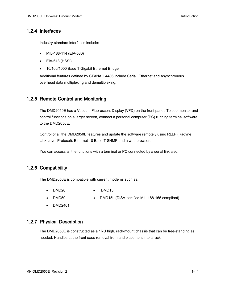 4 interfaces, 5 remote control and monitoring, 6 compatibility | 7 physical description | Comtech EF Data DMD-2050E User Manual | Page 34 / 342